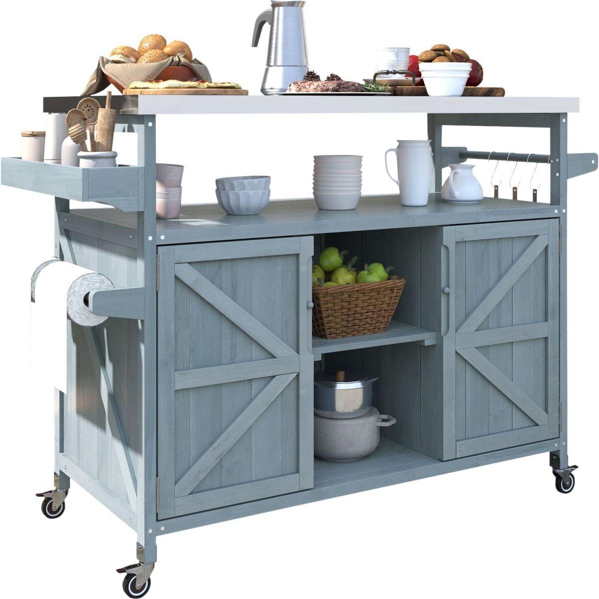 Outdoor Kitchen Island, Rolling Bar Cart & Storage Cabinet, Farmhouse Solid Wood Outdoor Grill Table with Stainless Steel Top, Spice Rack, Towel Rack for Kitchen & BBQ, Grey Blue