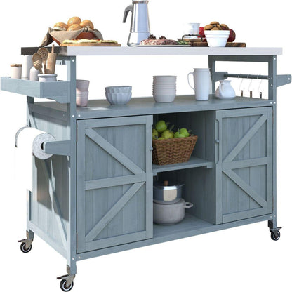 Outdoor Kitchen Island, Rolling Bar Cart & Storage Cabinet, Farmhouse Solid Wood Outdoor Grill Table with Stainless Steel Top, Spice Rack, Towel Rack for Kitchen & BBQ, Grey Blue