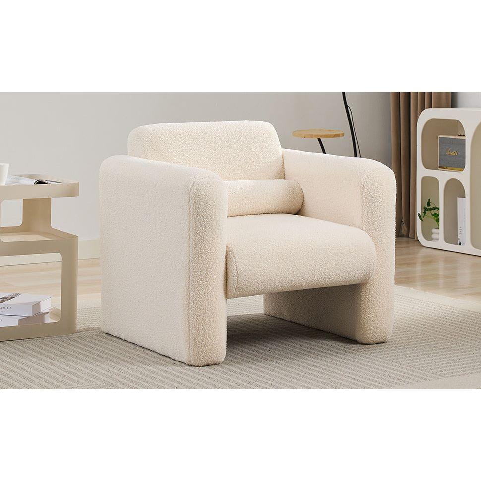 Modern Accent Chair Lambskin Sherpa Fabric Upholstered Comfy Reading Arm Chair Soft Padded Armchair with Back and Pillow for Living Room Bedroom Reception Waiting Room Office, Cream