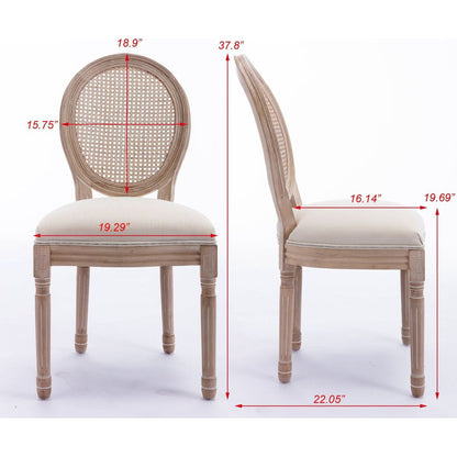 French Style Solid Wood Frame Antique Painting Linen Fabric Rattan Back Dining Chair,Set of 2,Cream