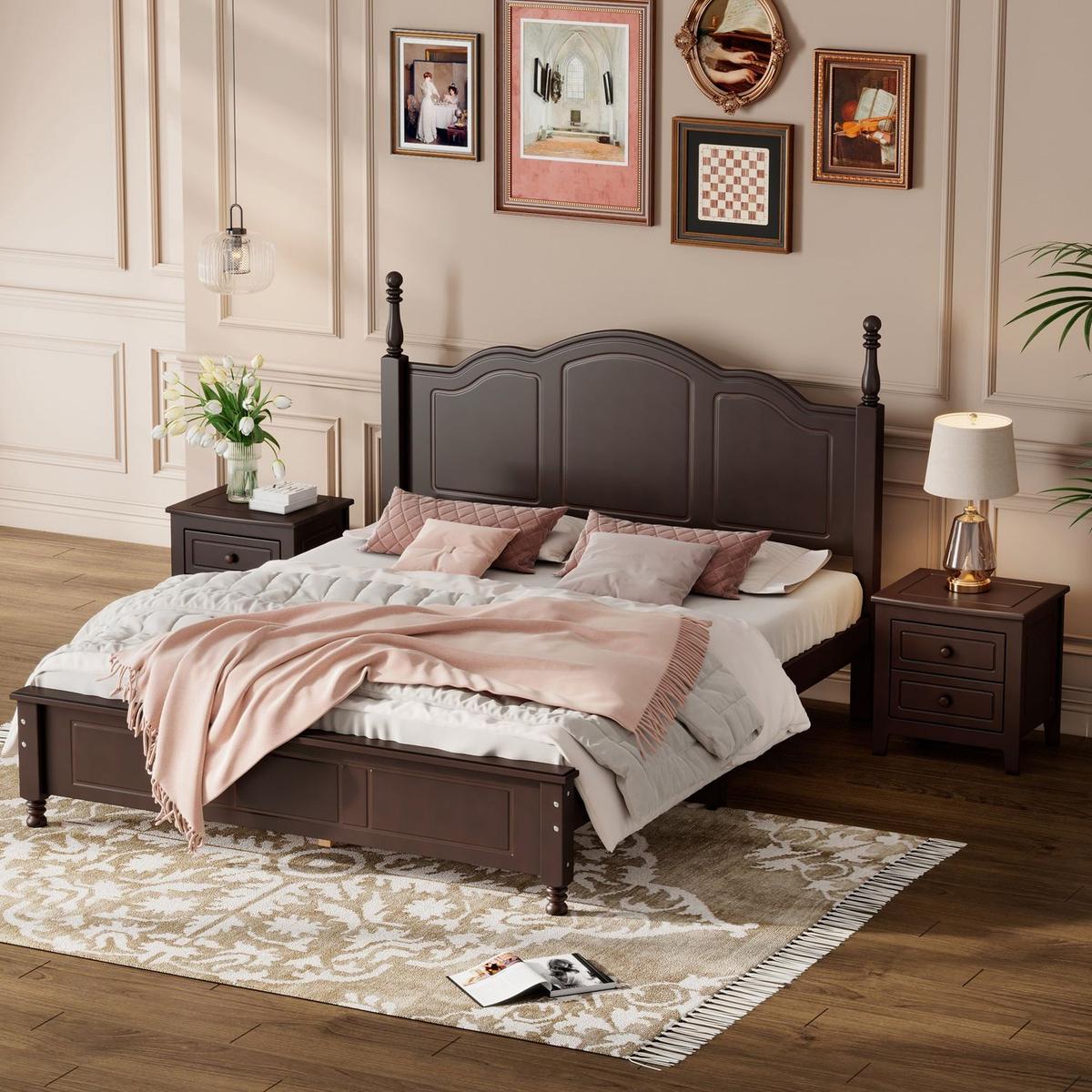 3-Pieces Bedroom Sets,Queen Size Wood Platform Bed and Two Nightstands-Dark Walnut