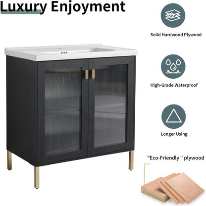 32Inch Freestanding Bathroom Vanity Plywood With Ceramic Sink, Soft Closing Door (KD-Package)