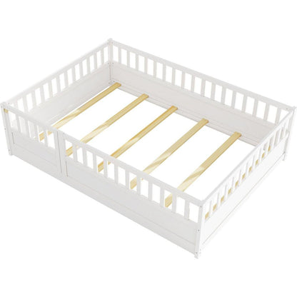 Full size Floor bed, integral construction with super high security barrier, door, children's floor bed frame, Montessori wooden children's floor bed, Support slat white - Streamdale Furniture