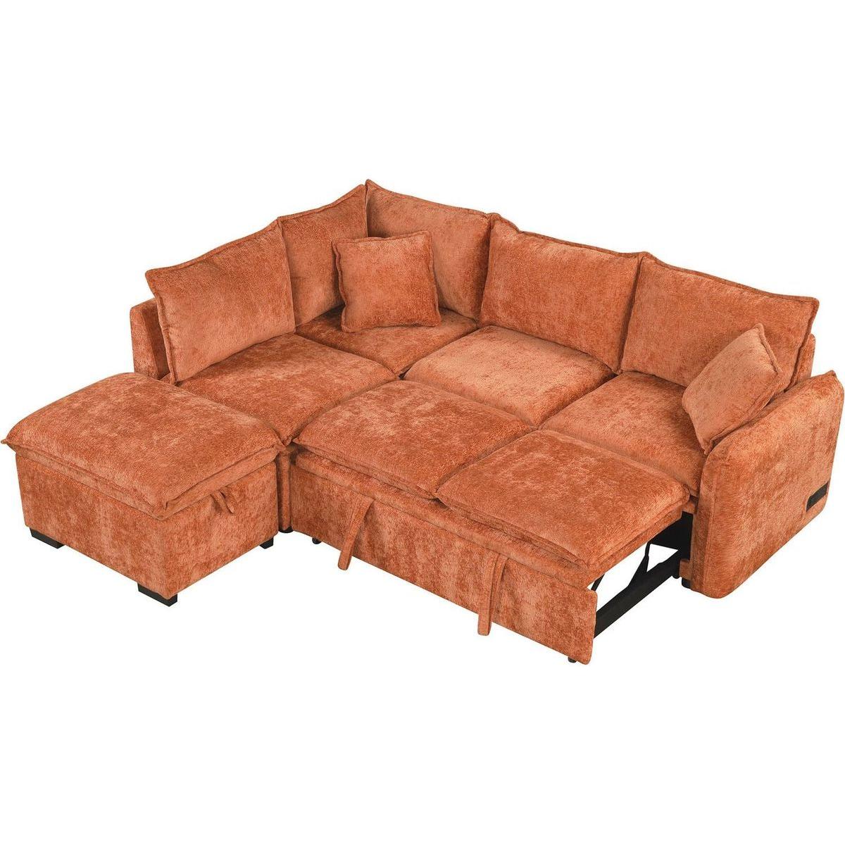 82.67"Convertible Sofa Bed Sectional Sofa Sleeper L-shaped Sofa with a Storage Ottoman,Two Pillows, Two Power Sockets and Two USB Ports for Living Room, Orange