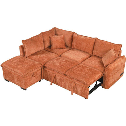 82.67"Convertible Sofa Bed Sectional Sofa Sleeper L-shaped Sofa with a Storage Ottoman,Two Pillows, Two Power Sockets and Two USB Ports for Living Room, Orange