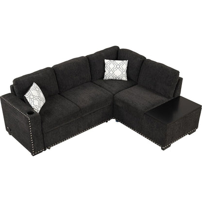 83.8" Reversible Sectional Pull-Out Sofa Bed L-Shaped Corner Sofa Couch with Storage Chaise, USB Ports, Power Sockets, Cup Holder for Living Room, Bedroom, Study, Black