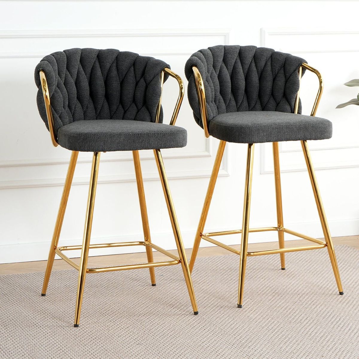 Modern design High stool Gold Plated legs Kitchen Dining Dark grey linen bar chair, suitable for Cafe Bar Restaurant (set of 2)