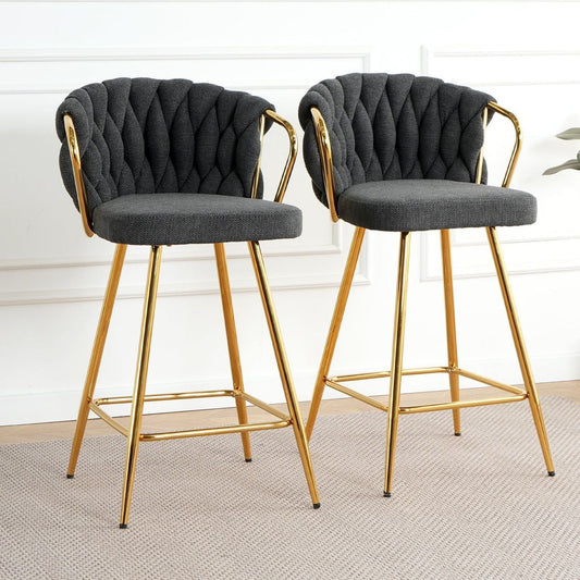 Modern design High stool Gold Plated legs Kitchen Dining Dark grey linen bar chair, suitable for Cafe Bar Restaurant (set of 2)