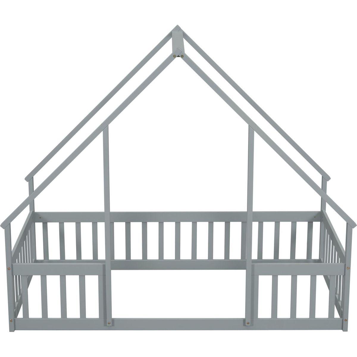 Twin Wood House-Shaped Floor Bed with Fence, Guardrails, Grey