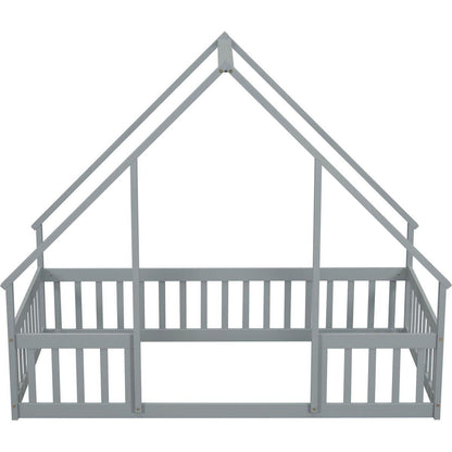 Twin Wood House-Shaped Floor Bed with Fence, Guardrails, Grey
