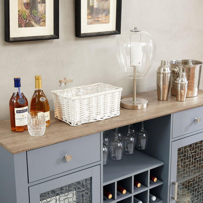 Modern Farmhouse Buffet Cabinet, Sideboard with 2 Drawers and Elegant Glass Door Cabinets, Wine and Glass Rack, Coffee Bar for Kitchen, Dining Room, Light Blue and Light Oak, 56.46"Wx15.55"Dx35.74"H