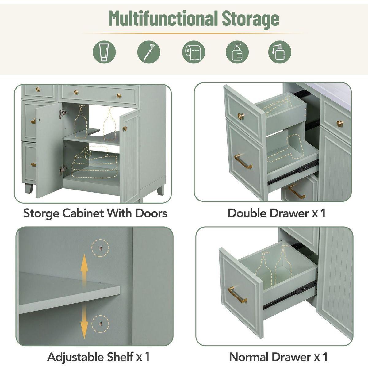 36-inch Bathroom Vanity, Transitional Style Bathroom Cabinet with Resin Sink, Green Single Bathroom Cabinet, with 2 Drawers and 1 Adjustable Storage Shelf, 2 Soft-close Doors