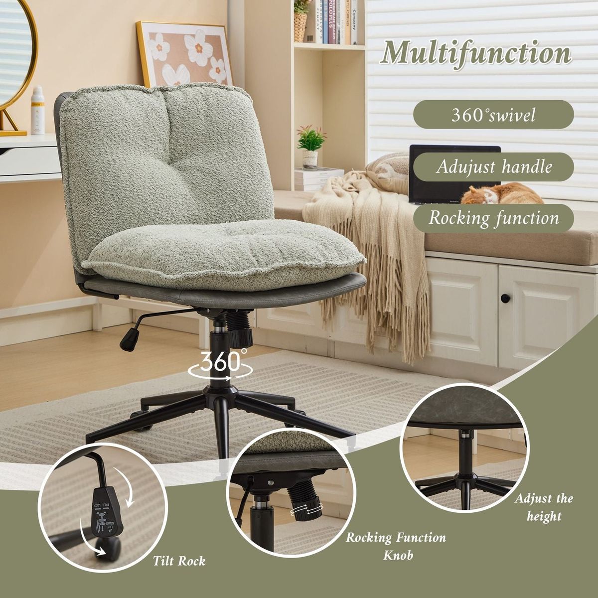 Oversize Seat Cirss Cross Chair with Wheels, Elegant Design Computer Chair, Adjustable Height 360 Rolling Swivel Home Office Chair for Small Space, Dressing Room, Living Room (GRAY+GREEN)