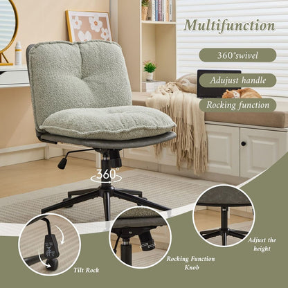 Oversize Seat Cirss Cross Chair with Wheels, Elegant Design Computer Chair, Adjustable Height 360 Rolling Swivel Home Office Chair for Small Space, Dressing Room, Living Room (GRAY+GREEN)