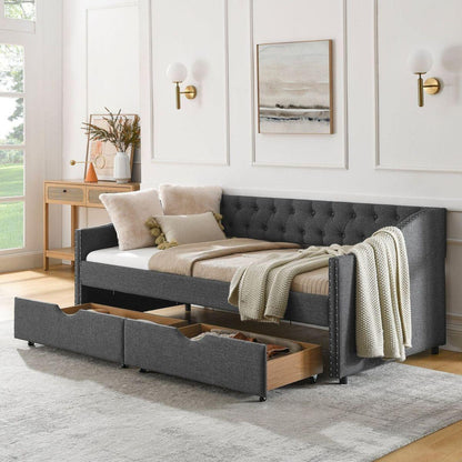 Twin Size Daybed with Drawers Upholstered Tufted Sofa Bed, with Button on Back and Copper Nail on Waved Shape Arms(81.5"x4"x30.5")