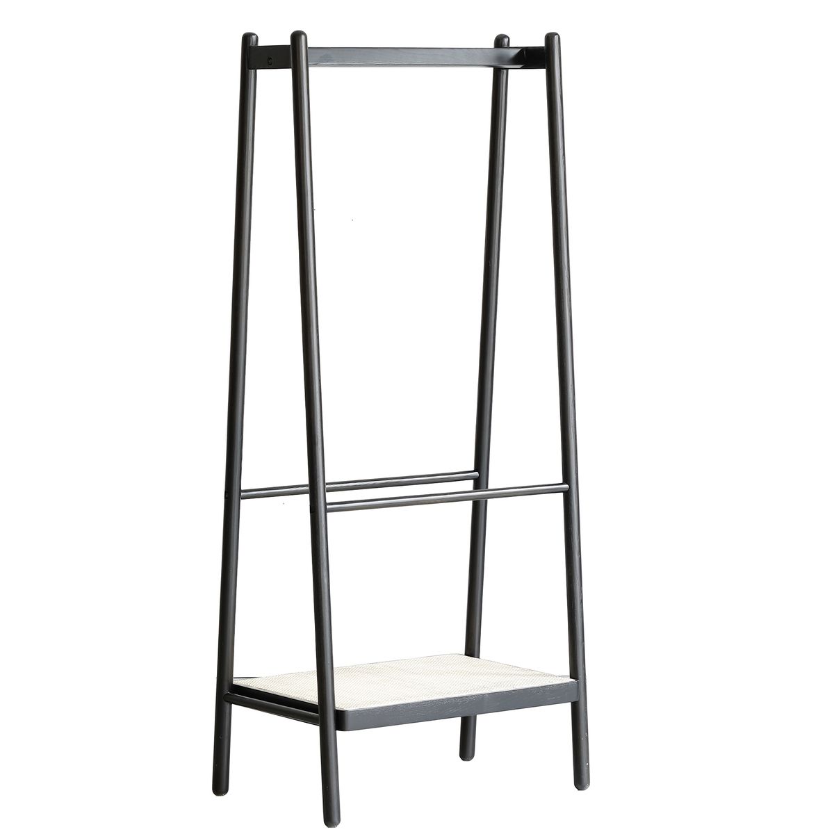 (Black) Solid Oak Wood Clothes Rack, Black Rattan Hanger Rack-clothes Rack with Shelves, Cloth Hanger Standing Garment Racks for Hanging Clothes