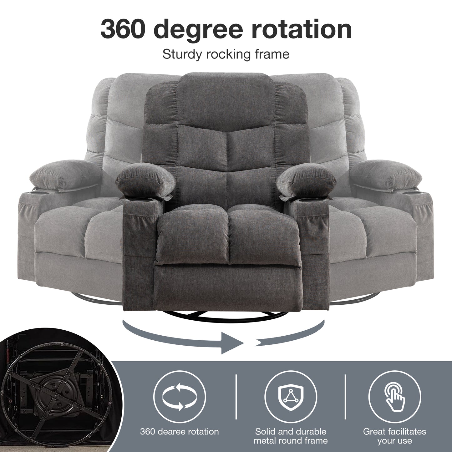 Massage Rocker Recliner Chair Rocking Chairs for Adults Oversized with 2 Cup Holders, USB Charge Port Soft Features a Manual Massage and Heat.(A+B)GREY