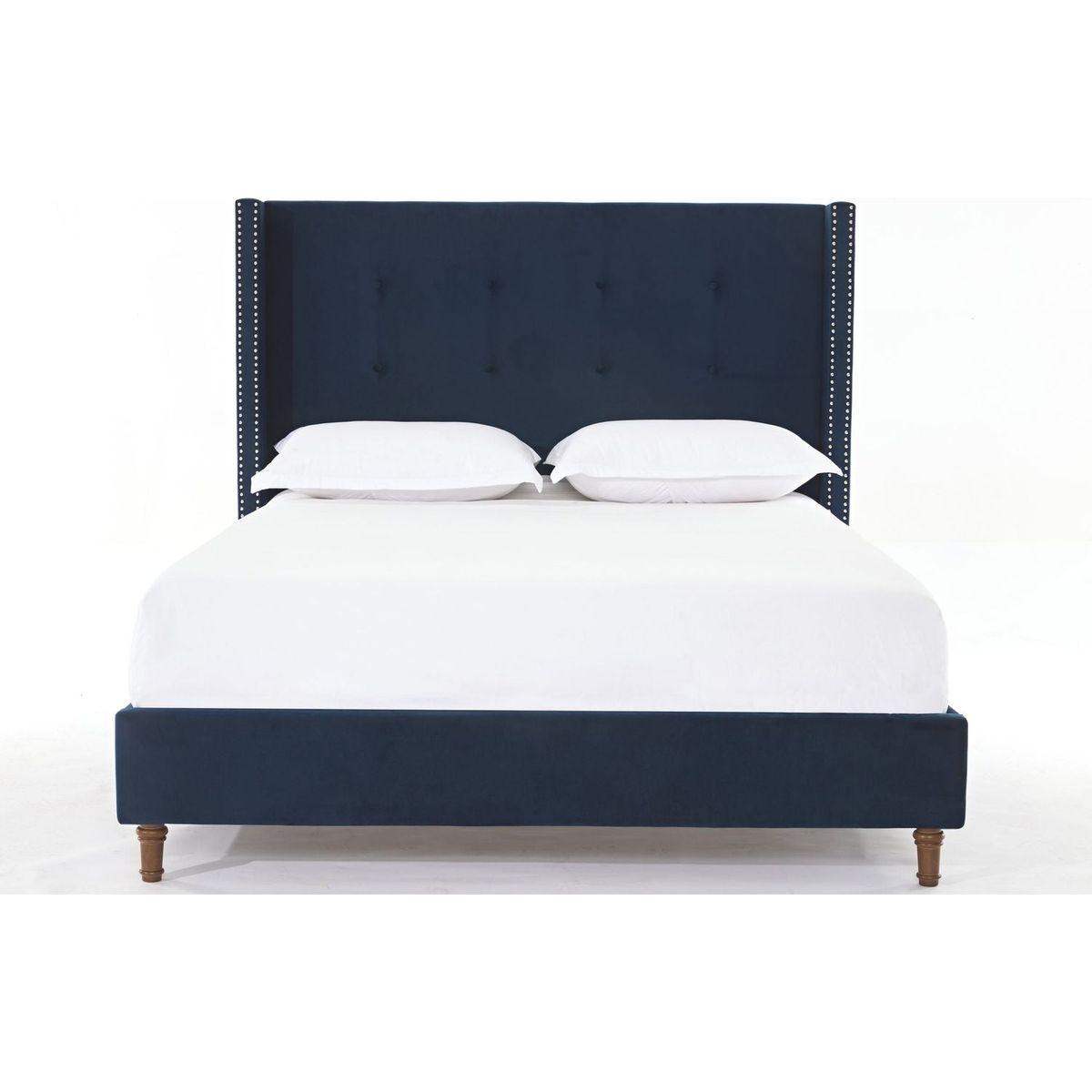 Upholstered King Bed / 54" High Headboard / Traditional Hand Buttoned Tufting / Nailhead Trim Wingback / No Box Spring Needed / Easy Assembly / Blue Velvet