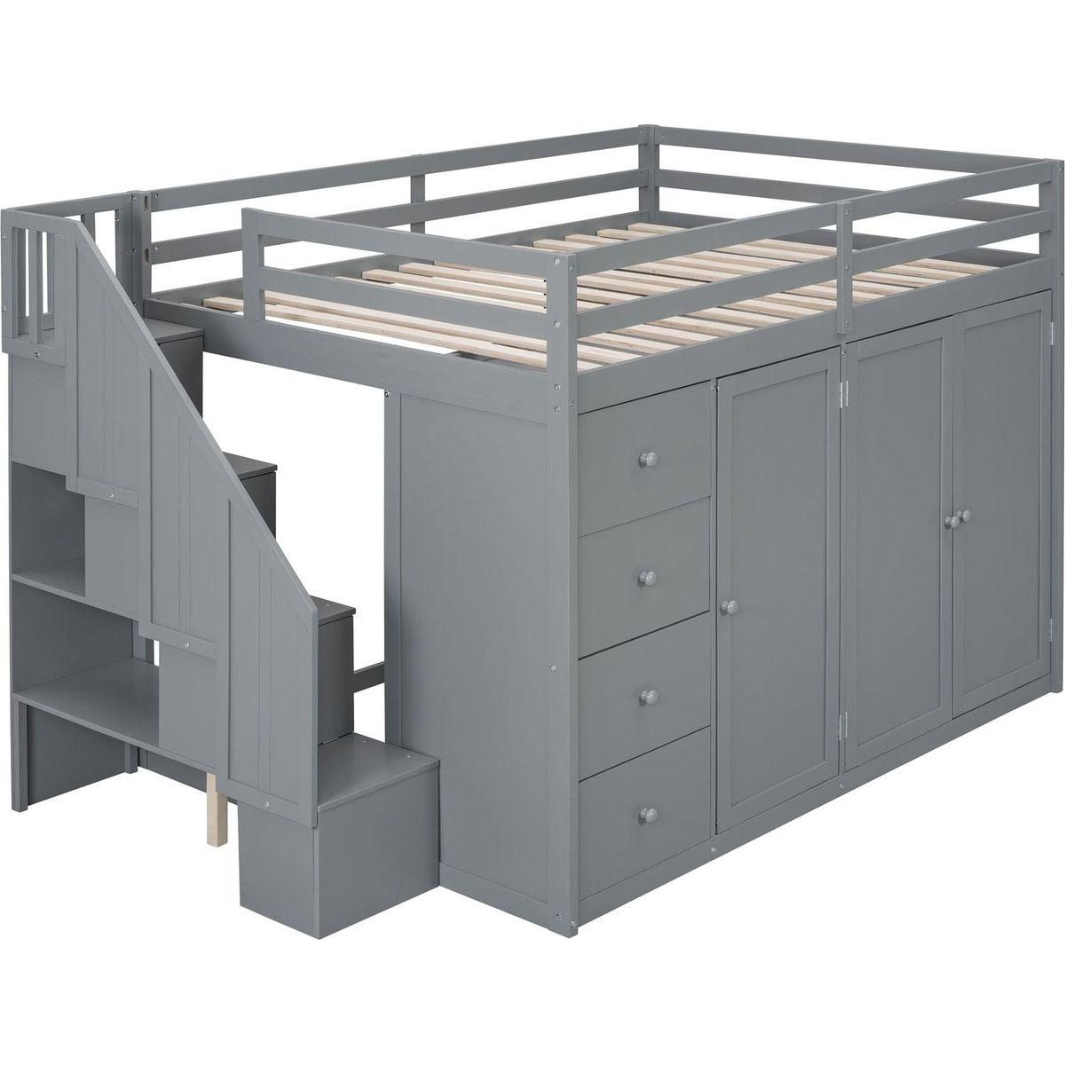 Full Size Wood Loft Bed With Built-in Wardrobes, Cabinets and Drawers, Gray
