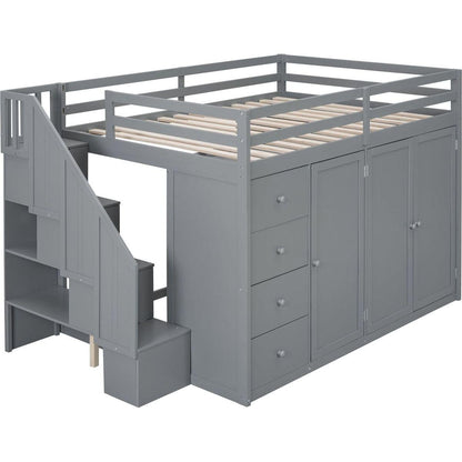 Full Size Wood Loft Bed With Built-in Wardrobes, Cabinets and Drawers, Gray