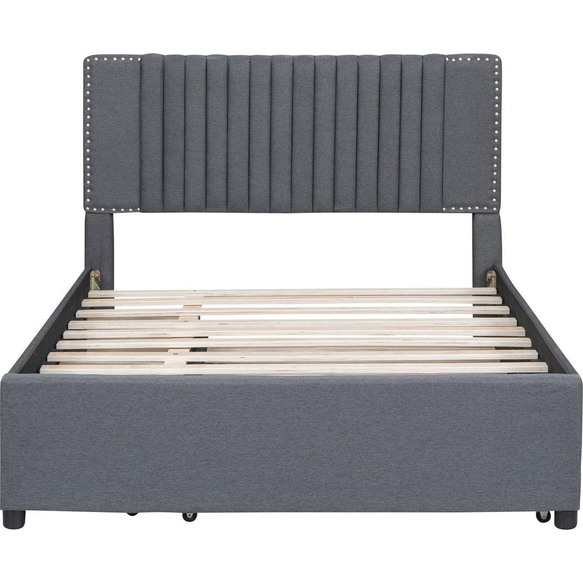 Full Size Upholstered Platform Bed with 2 Drawers and 1 Twin Size Trundle, Classic Headboard Design, Gray