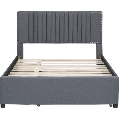 Full Size Upholstered Platform Bed with 2 Drawers and 1 Twin Size Trundle, Classic Headboard Design, Gray