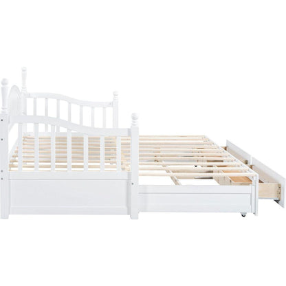 Wooden Twin Size Daybed with Twin Size Trundle, Extendable Daybed with Two Storage Drawers,White