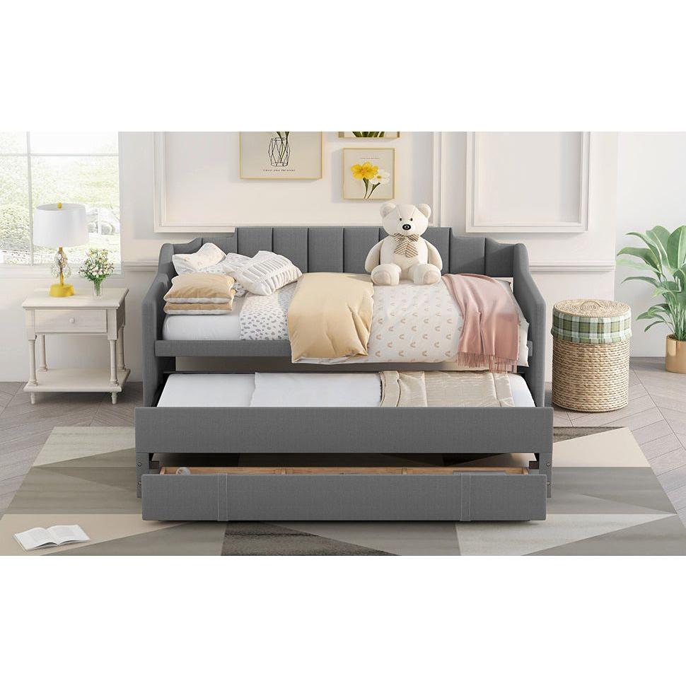 Twin Size Upholstered Daybed with Trundle and Three Drawers,Grey