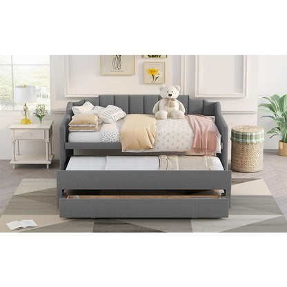 Twin Size Upholstered Daybed with Trundle and Three Drawers,Grey