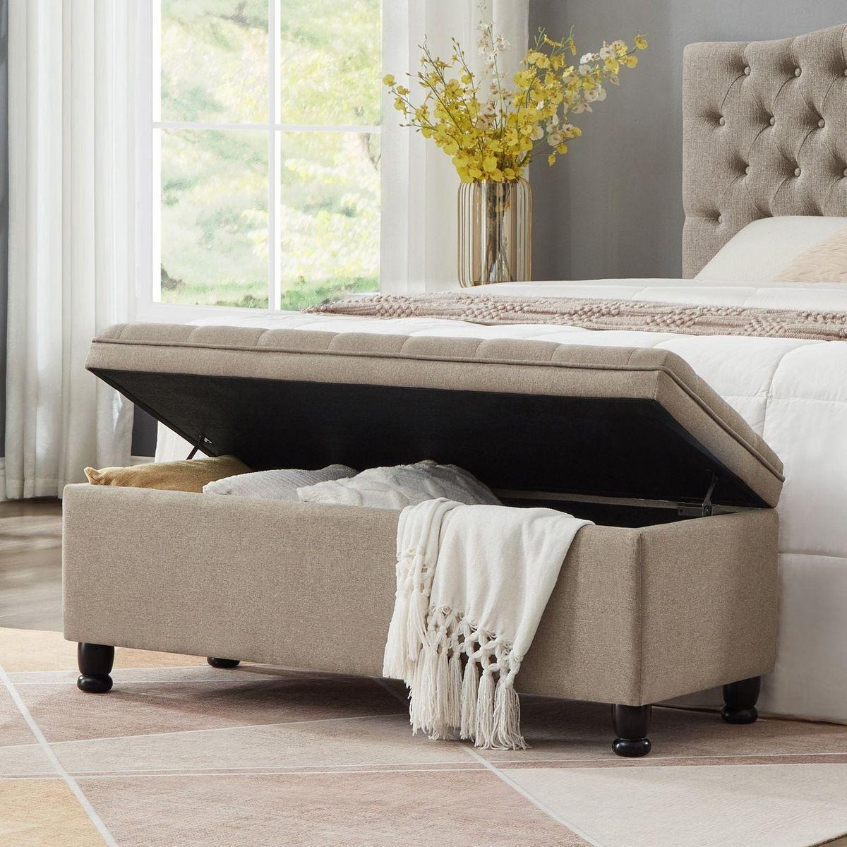 Upholstered tufted button storage bench, Linen fabric entry bench with spindle wooden legs, Bed bench- Linen