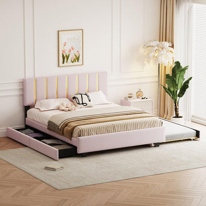 Queen Size Upholstered Platform Bed with 2 Drawers and 1 Trundle, Classic Metal Strip Headboard Design, Pink