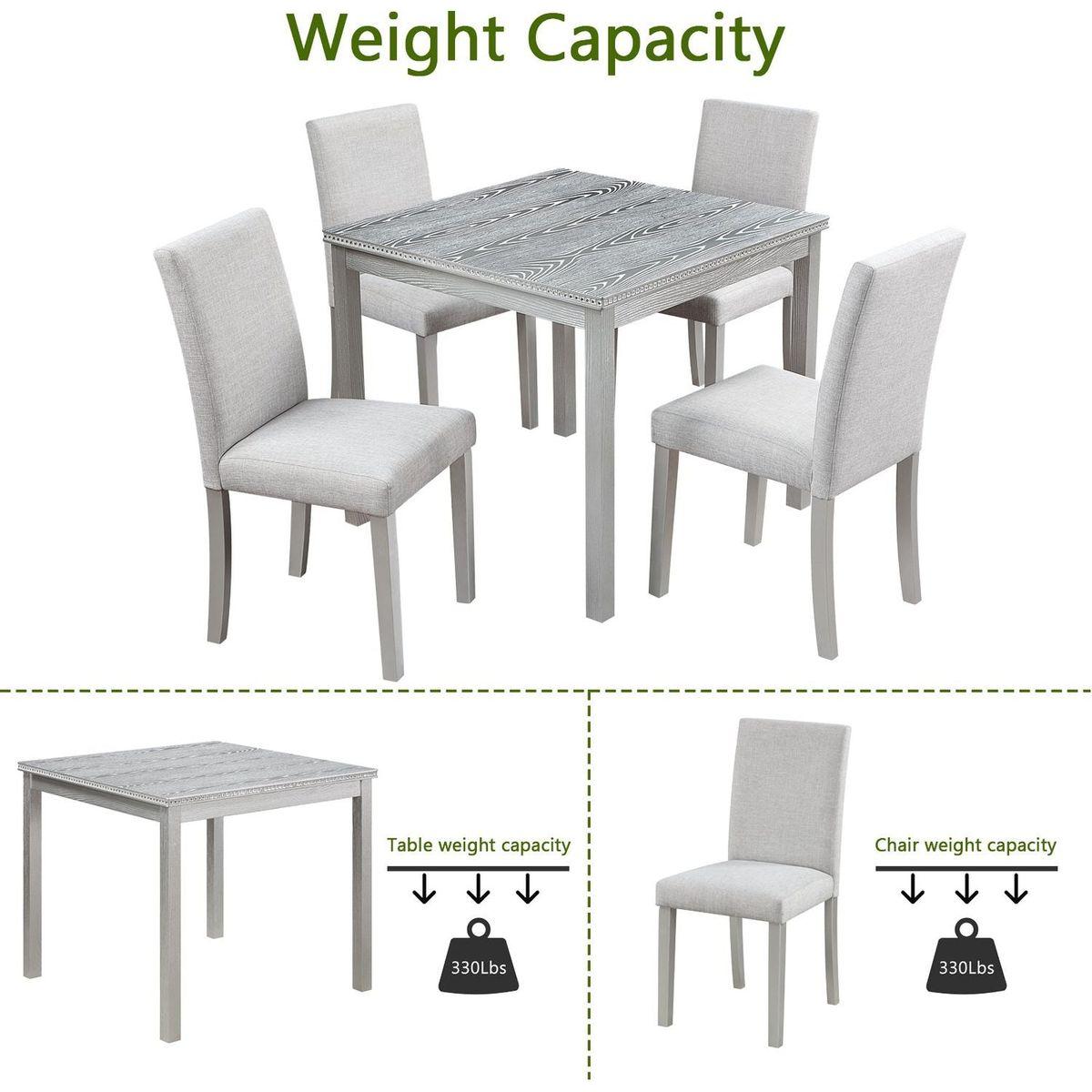 5 Piece Wooden Dining Table Set, Kitchen Table Set with a Square Table and 4 Upholstered Chairs, Wooden Dining Room Table with Crystal Decoration and Chairs Set for Kitchen, Dining Room, Gray