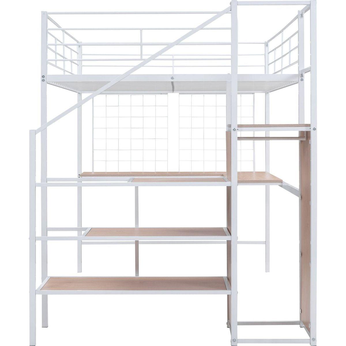 Full Size Metal Loft Bed with Desk and Metal Grid, Stylish Metal Frame Bed with Lateral Storage Ladder and Wardrobe, White