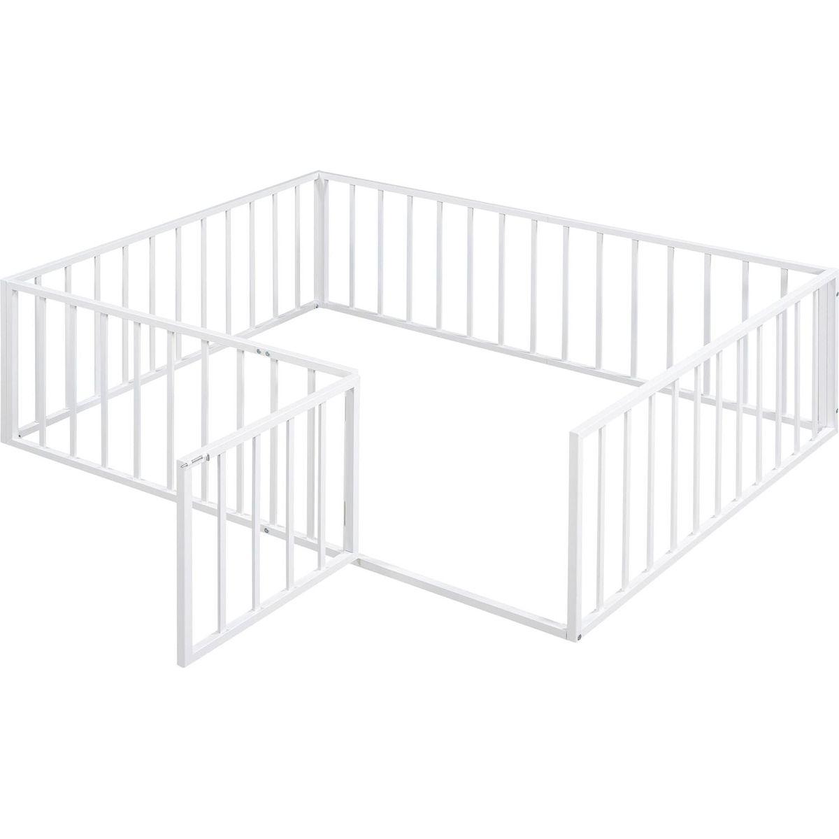Full Size Metal Floor Bed Frame with Fence and Door, White