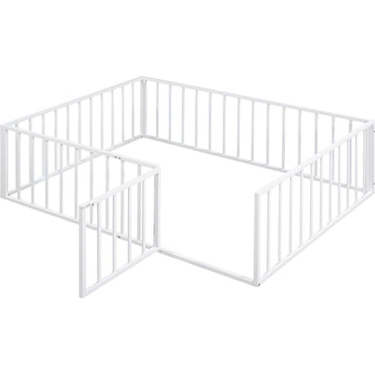 Full Size Metal Floor Bed Frame with Fence and Door, White