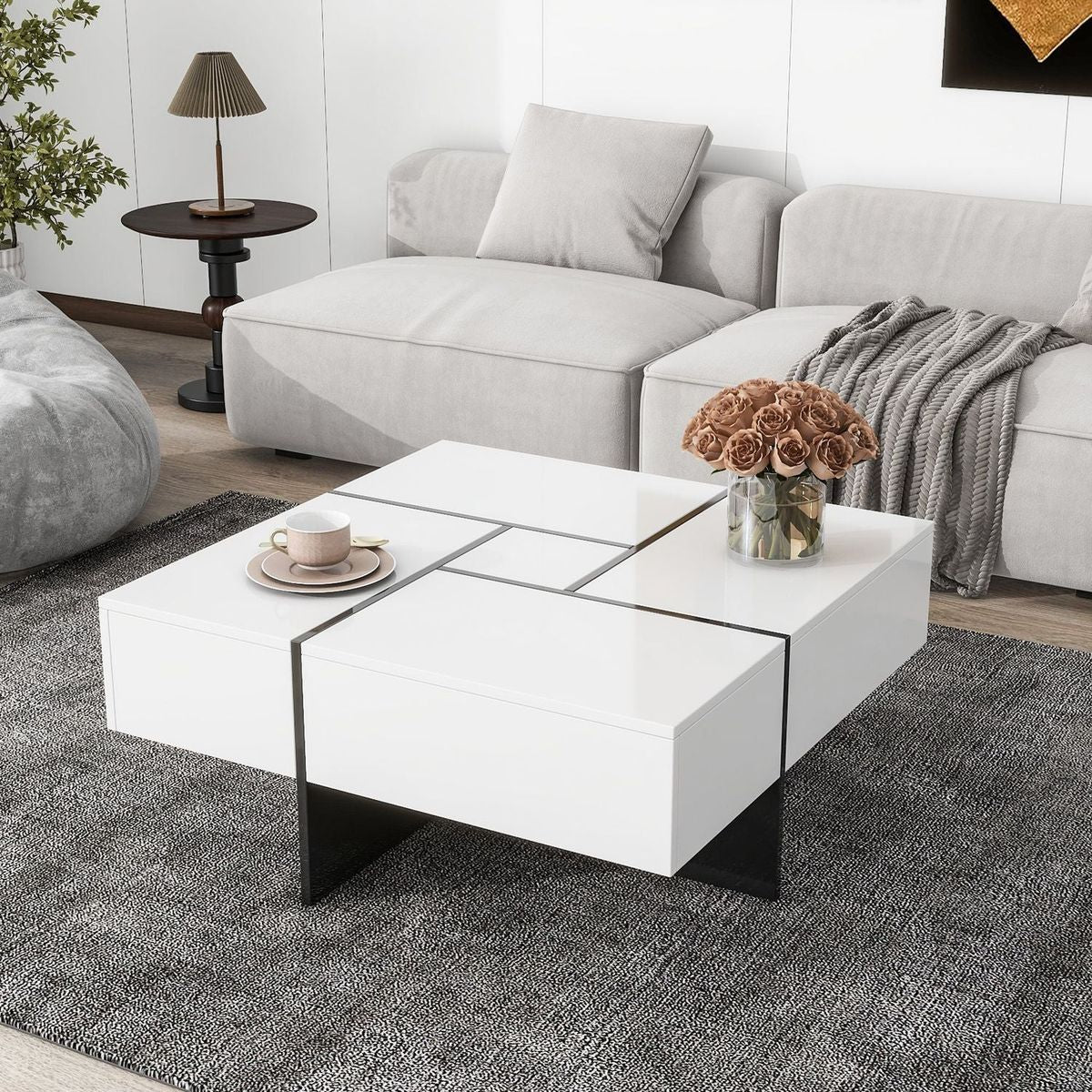 Unique Design Coffee Table with 4 Hidden Storage Compartments, Square Cocktail Table with Extendable Sliding Tabletop, UV High-gloss Design Center Table for Living Room, 31.5"x 31.5"