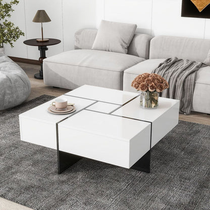 Unique Design Coffee Table with 4 Hidden Storage Compartments, Square Cocktail Table with Extendable Sliding Tabletop, UV High-gloss Design Center Table for Living Room, 31.5"x 31.5"