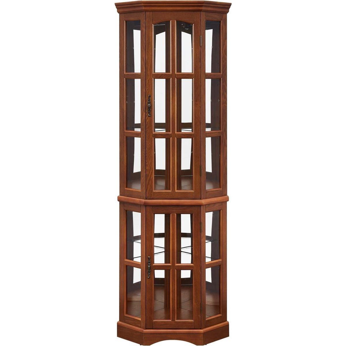Corner Curio Cabinet with 5 Shelves and Lighting System, Oak