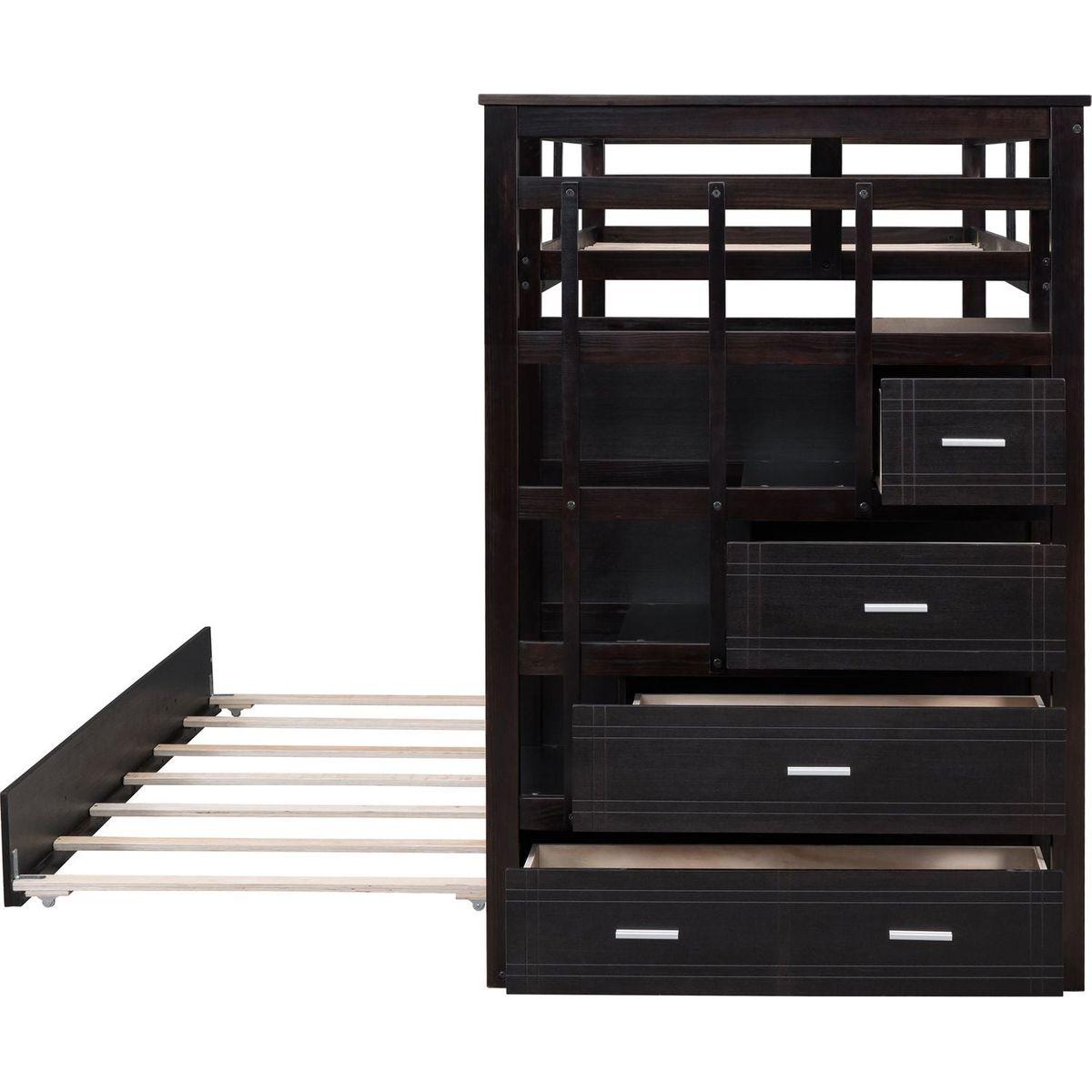 Twin Over Twin Bunk Bed with Trundle and Staircase,Espresso