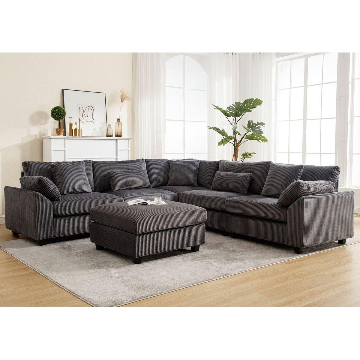 {NEW ARRIVAL} Oversized Modular Sectional Sofa Couches Set,Corduroy Upholstered Deep Seat Comfy Sofa for Living Room,Dark Gray