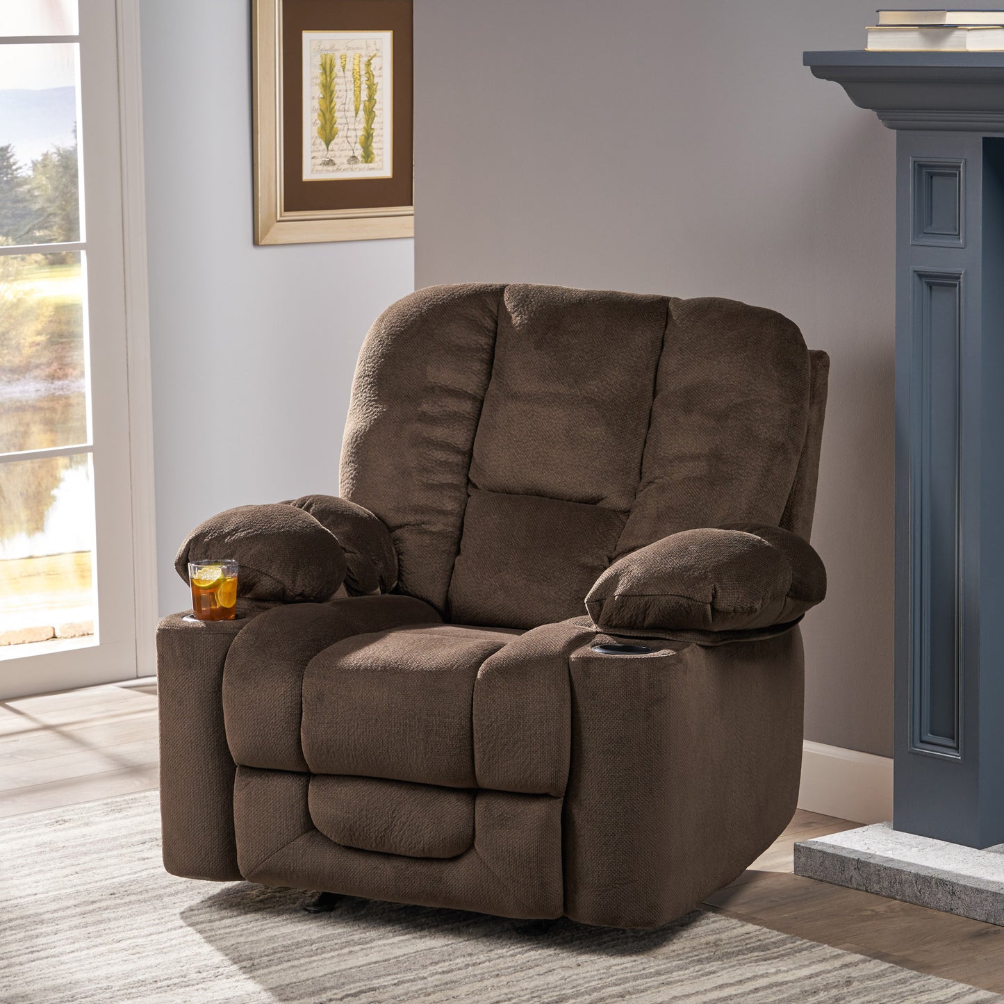 Luxurious Manual Recliner Chair in Chocolate with Skin-Friendly Fabric and Dual Cup Holders