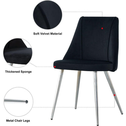 Modern simple velvet black dining chair home bedroom stool back dressing chair student desk chair chrome metal legs(set of 4)