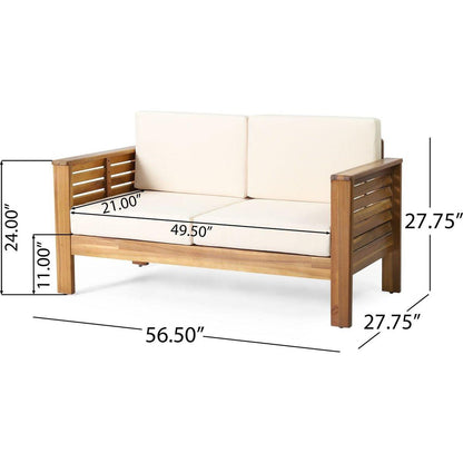Teak Acacia Wood Loveseat and Coffee Table Set with Cream Cushions