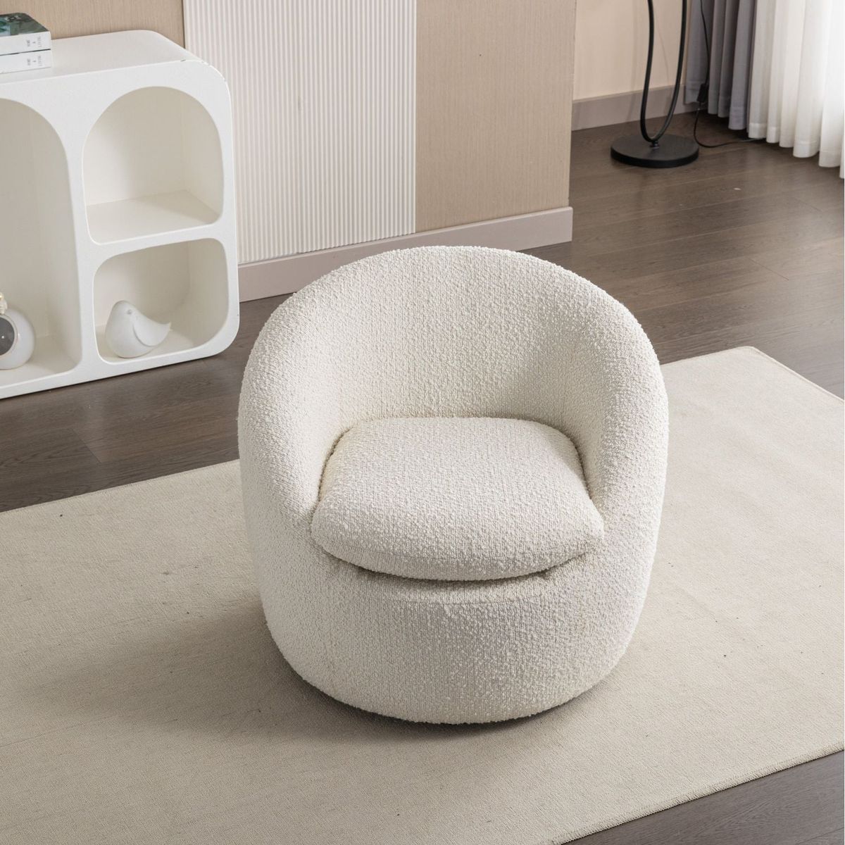 Winnie Modern Teddy Boucle Fabric Barrel Chair, 360 Swivel, White