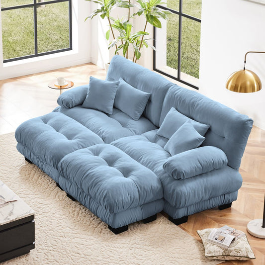 Cloud Couch Sleeper Sofa for Living Room, Chenille 2 Seater sofa with 2 Lumbar pillows and 2 throw pillows , Upholstered Wide Arm Sofa with 2 Ottomans,Chenille Blue