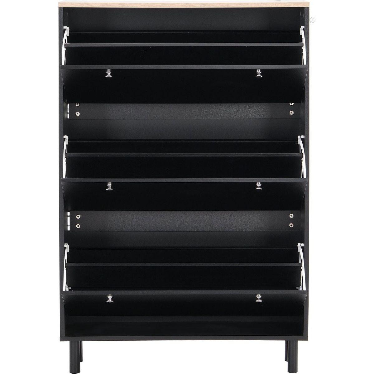 Narrow Design Shoe Cabinet with 3 Flip Drawers, Wood Grain Pattern Top Entryway Organizer with 3 Hooks, Free Standing Shoe Rack with Adjustable Panel for Hallway, Black