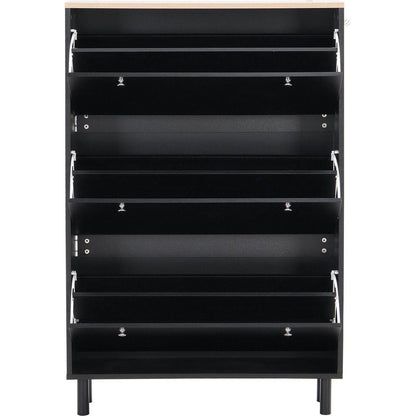 Narrow Design Shoe Cabinet with 3 Flip Drawers, Wood Grain Pattern Top Entryway Organizer with 3 Hooks, Free Standing Shoe Rack with Adjustable Panel for Hallway, Black