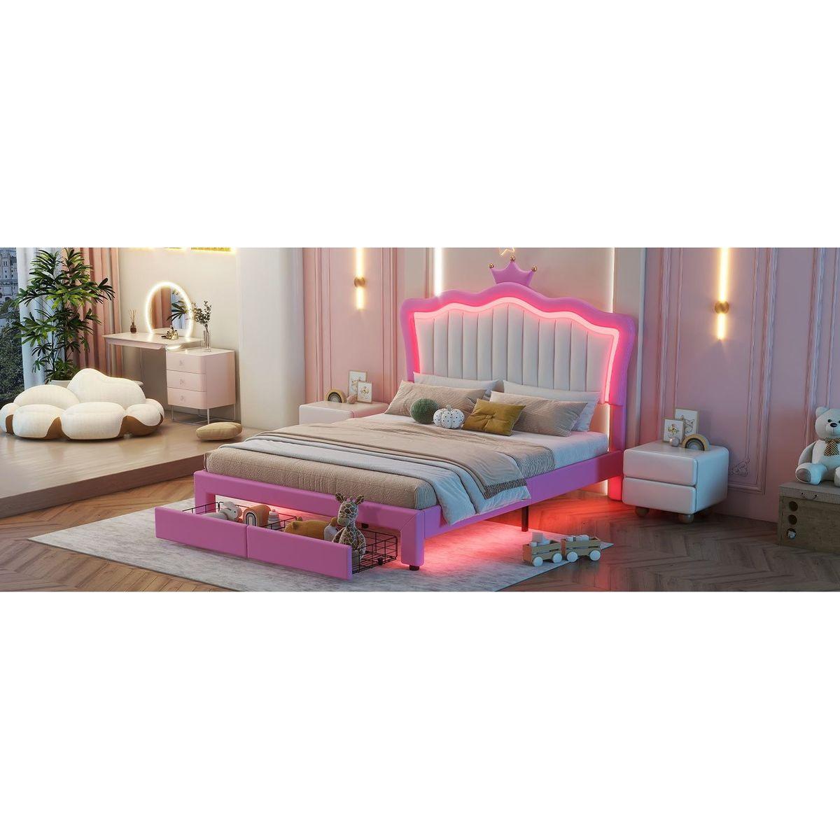 Full Size Upholstered Bed Frame with LED Lights, Modern Upholstered Princess Bed with Crown Headboard, 2 Drawers, Pink+White
