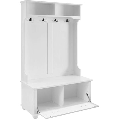 Classic Cosatal Style Hall Tree Entryway Bench with Open Shelves and Shoe Cabinets, SOLID WOOD Feet, White, 40.16"Wx18.58"Dx64.17"H