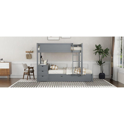 Full-Over-Full Bunk Bed with Twin size Trundle, Storage and Desk, Gray